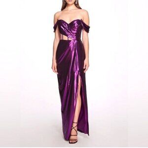 NWT Marchesa Notte Purple Metallic Cutout Off Shoulder Gown